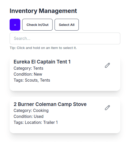 GearScout Inventory Screen